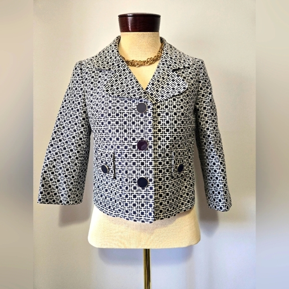 BANANA REPUBLIC Silk And Cotton Cropped Navy And White Jacket. Size 2 - Picture 1 of 12
